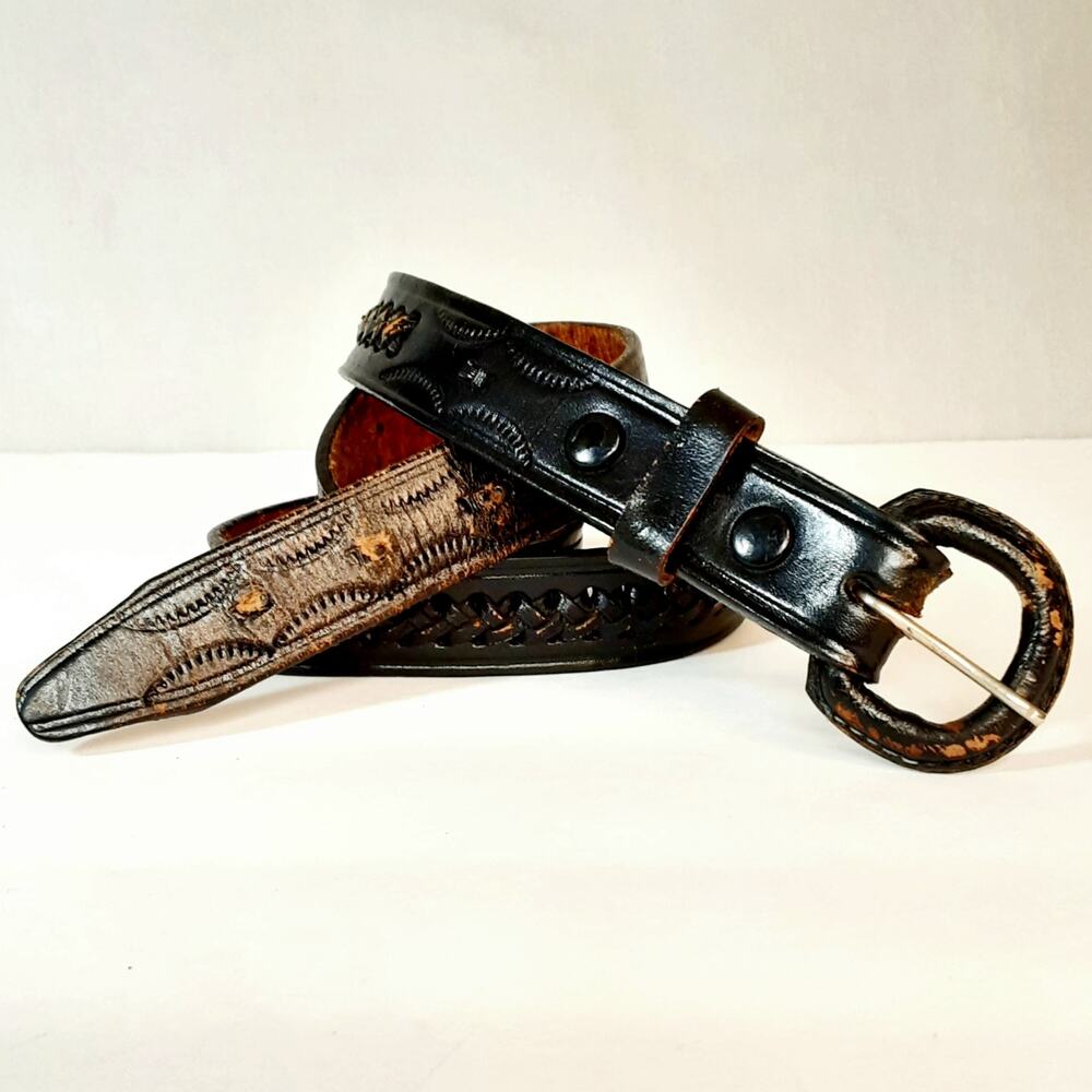 Black Genuine Leather Belt Size 32 Braid Lace Inlay Detail Embossed Pattern